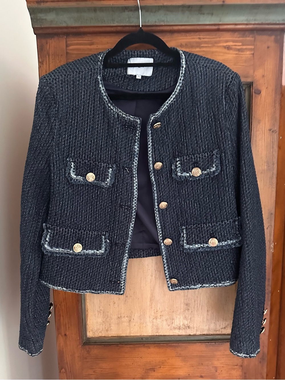 SUNCOO Paris Navy Tweed Cropped Jacket with Gold Buttons